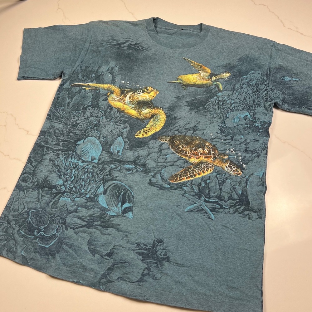 90s Sea Turtle T-Shirt Mens XL All Over Print Ocean Blue Nature Graphic
